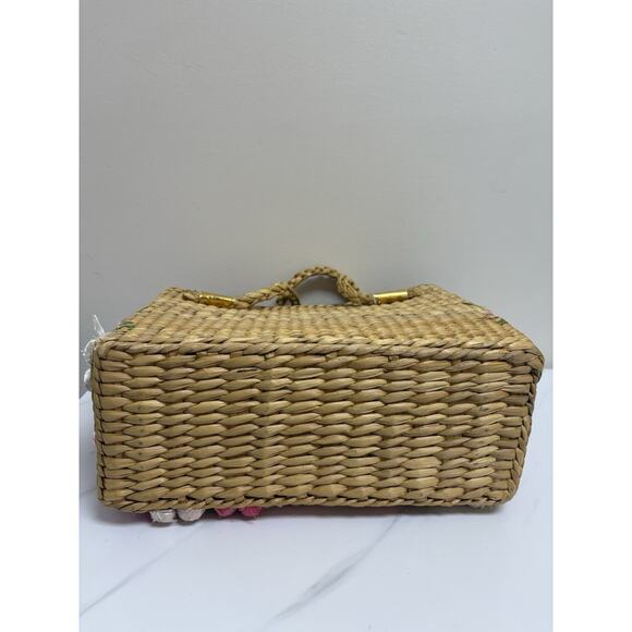 Mantessa Woven Straw Raffia Flower Tote Bag Pink White Boho Cottagecore - Picture 5 of 13